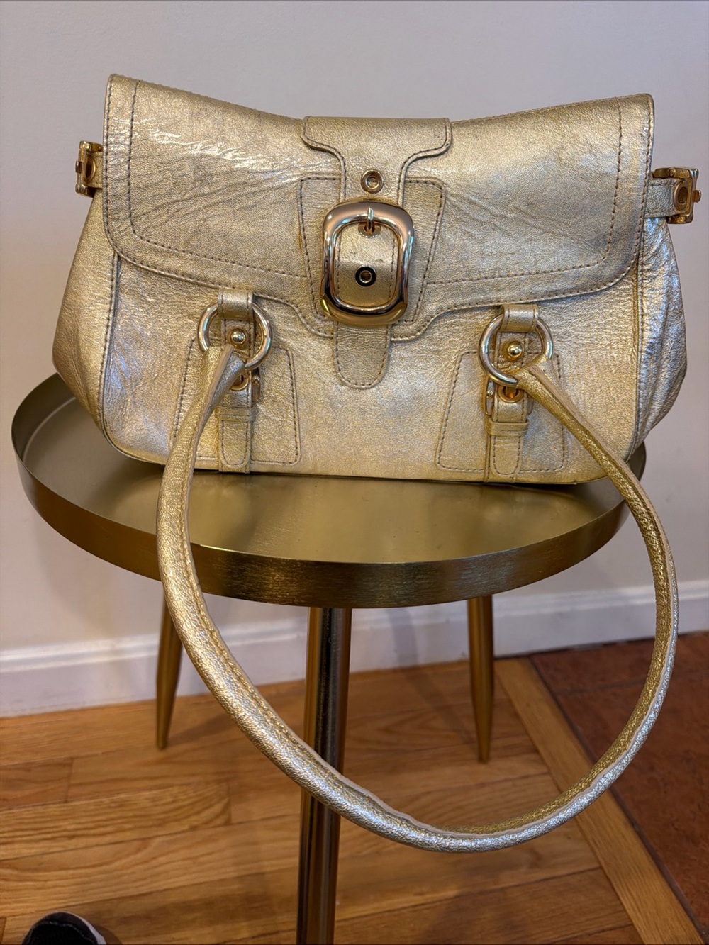 Stuart Weitzman Metallic Gold Shoulder Bag with Buckle Detail